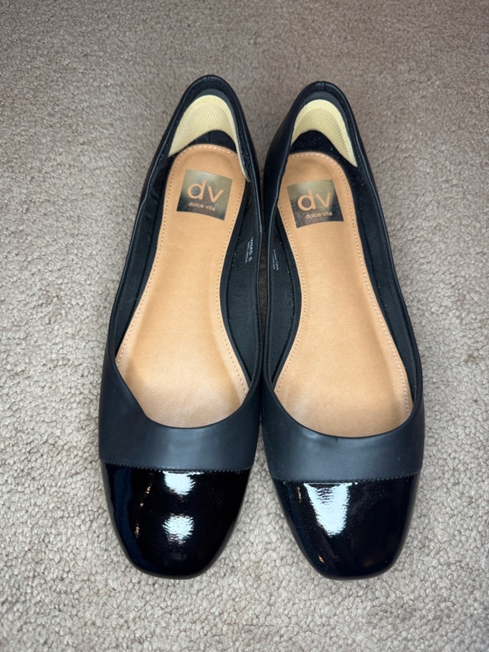 Dolce Vita Black Leather and Patent Cap-Toe Flats